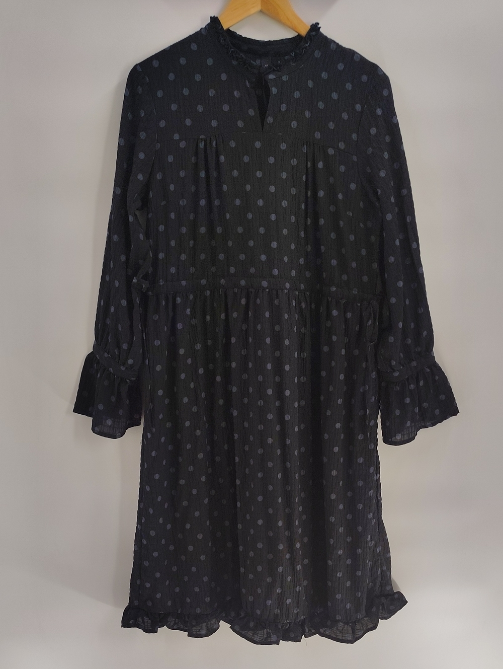 Y.A.S. Dress Large Two-toned Blue Polka Dot Midi Drawstring Waist Ruffle NWT